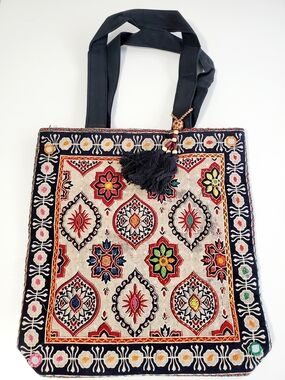 Embroidered Multicolor Canvas Tote Bag with Tassel